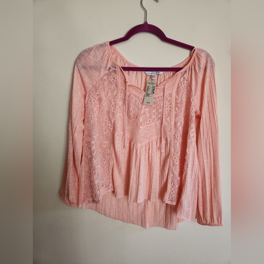 American Eagle Top peach coral blouse embroidered detail new xs